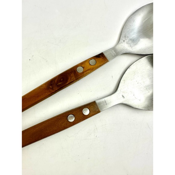 Mid Century Modern Teak Wood Handle Salad Servers Fork And Spoon Set Stainless - Picture 4 of 9